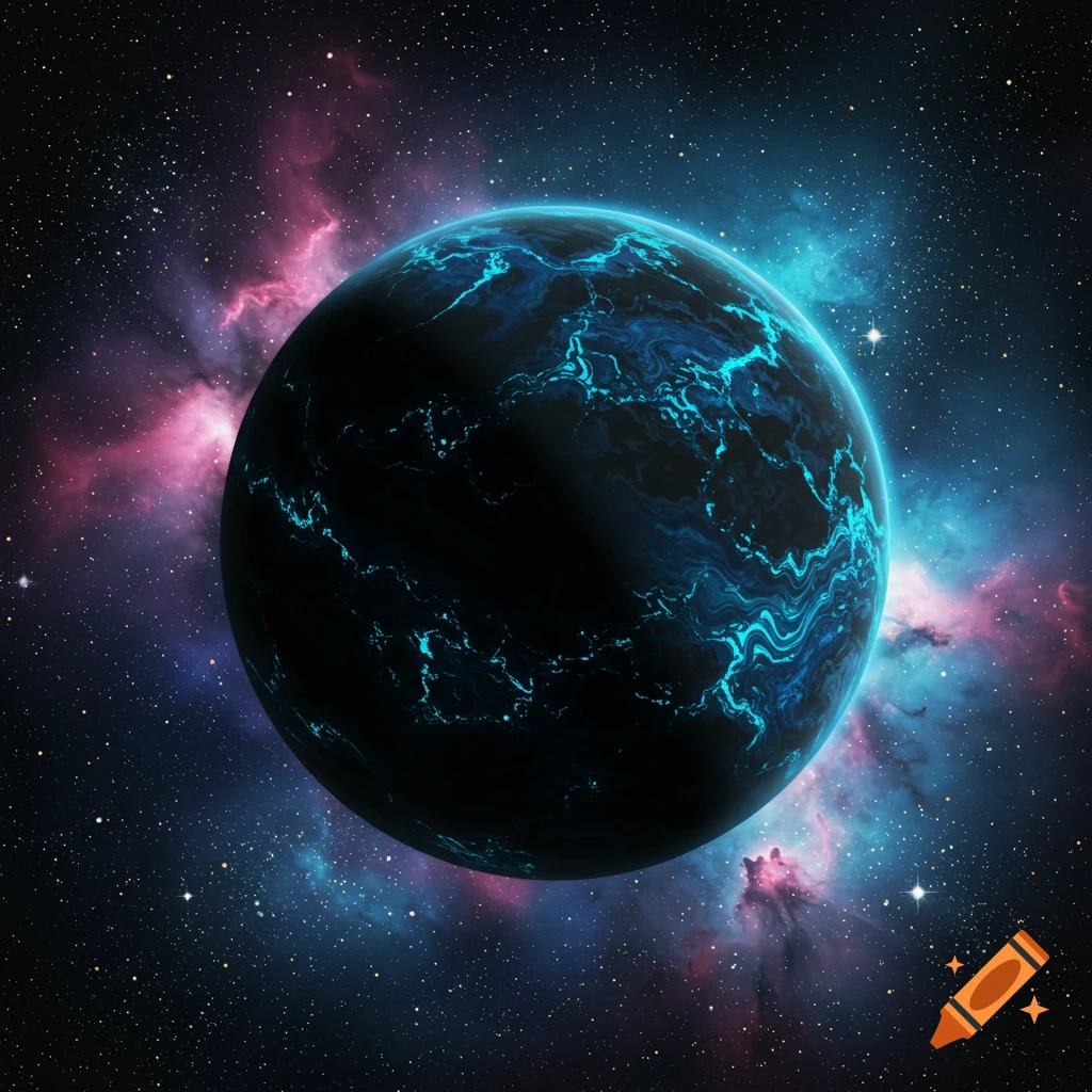 Black and blue planet in space with nebulas and stars.