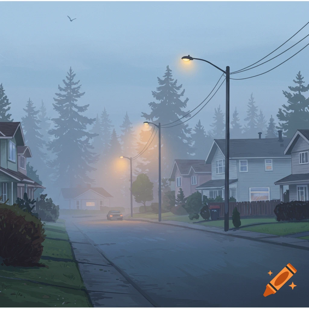 A foggy suburban street scene at dusk with houses, streetlights, and a car.
