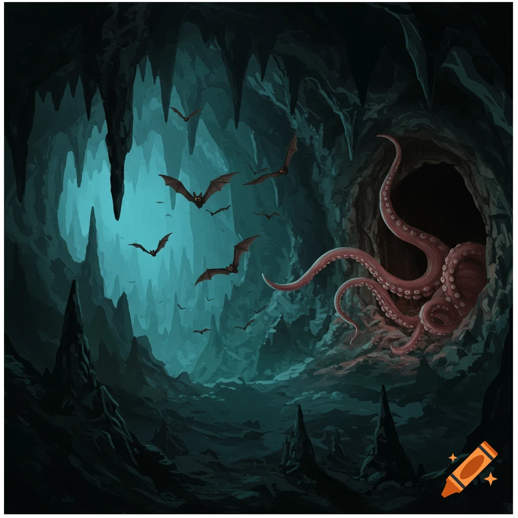Bats flying in a dark cave with red tentacles emerging from a hole.
