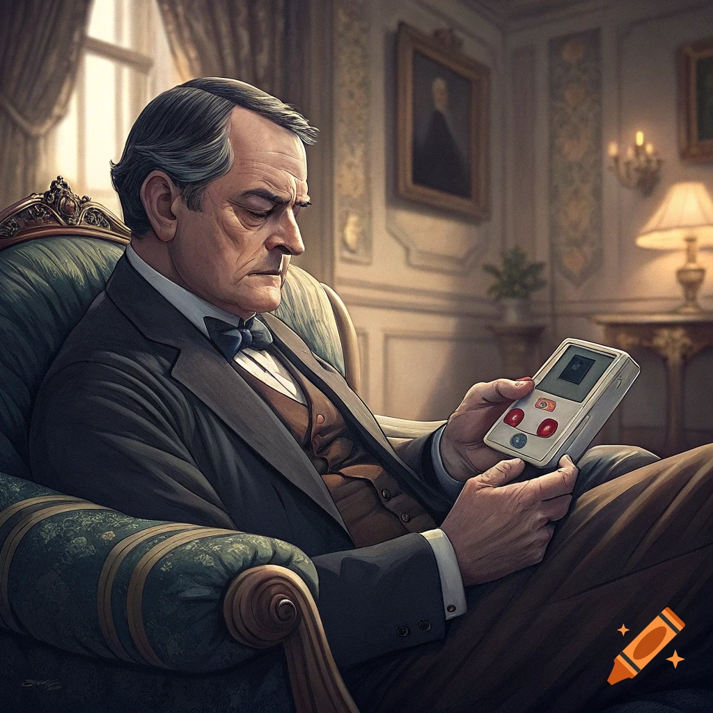 A man in a suit sits in a chair playing a handheld video game console in a formal room.