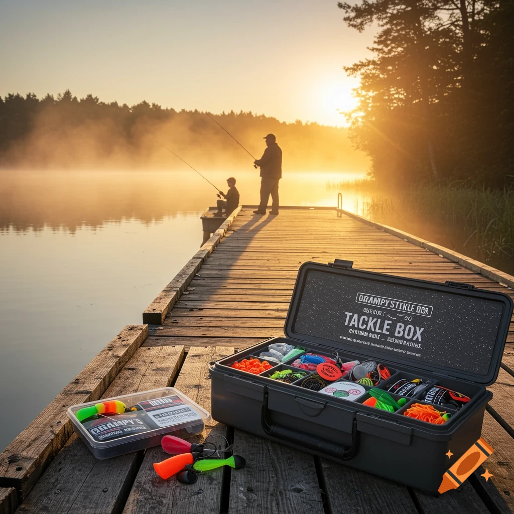 Fishing tackle boxes on a dock at sunrise with two figures fishing in the background.