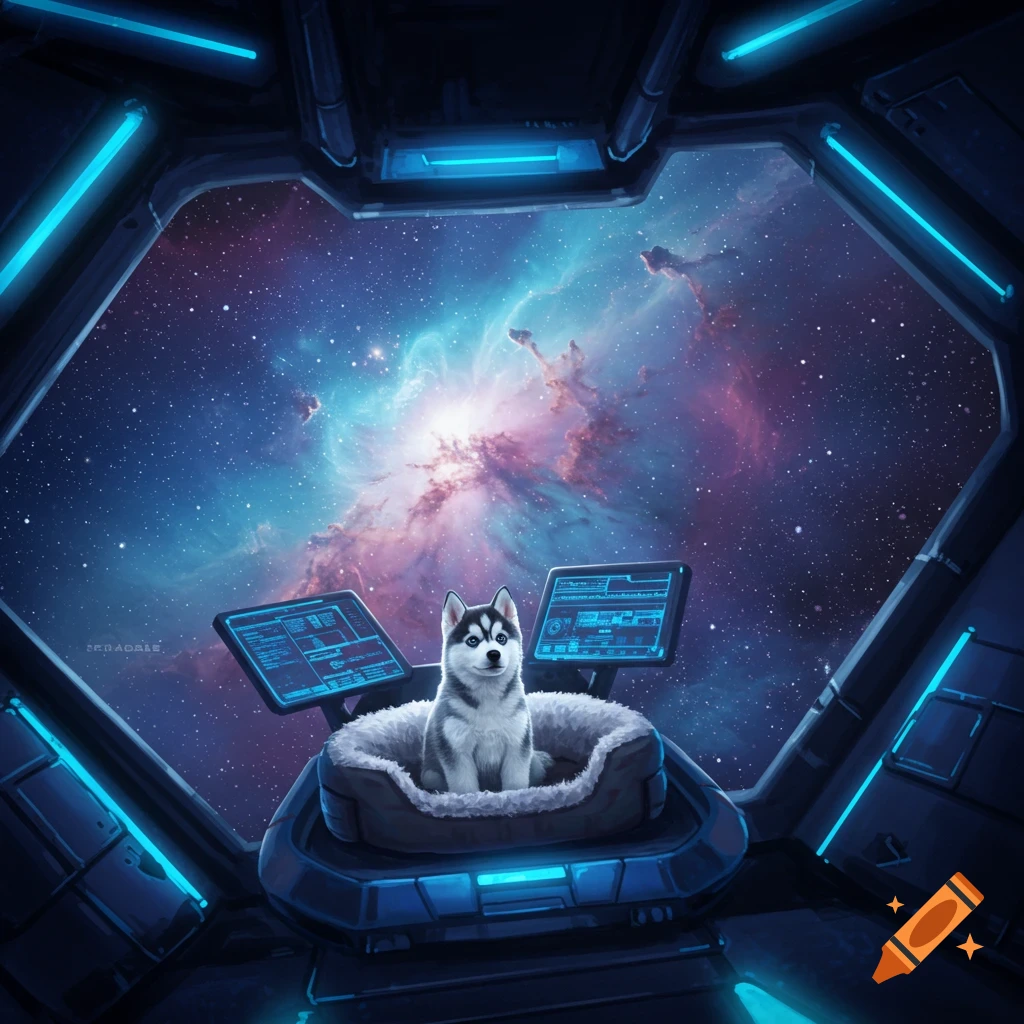 A husky puppy is in a spaceship cockpit looking at a colorful nebula.