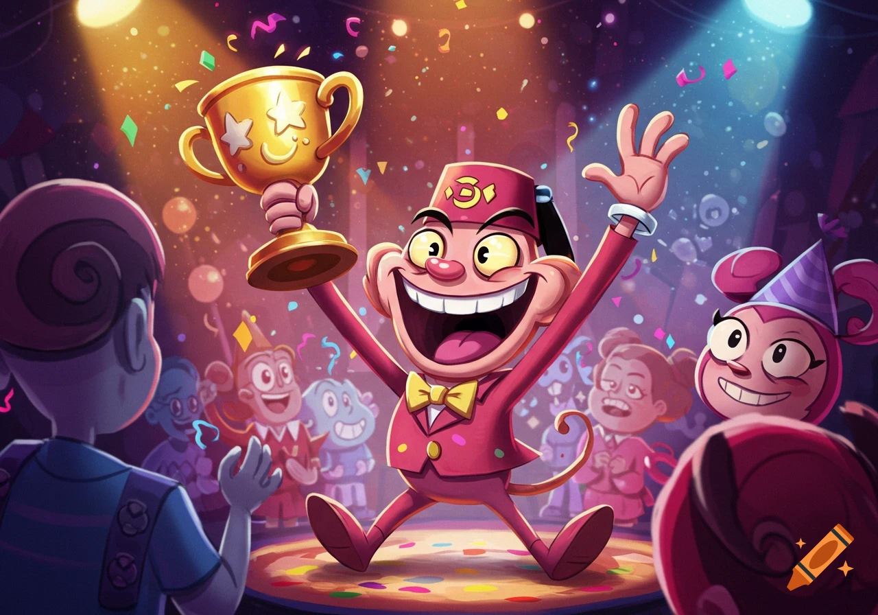 Cartoon character holding a trophy at a celebration with confetti and other characters.