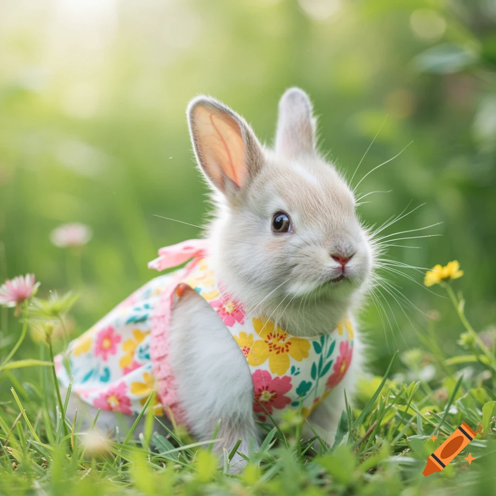 A cute baby rabbit in a floral dress sits in a grassy meadow.