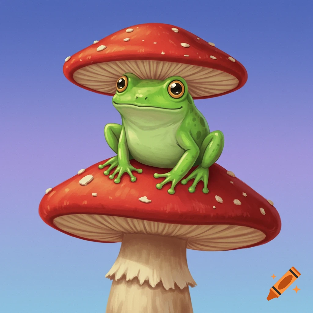 A green frog sits on a stack of two red and white polka dot mushrooms against a gradient blue and purple sky.