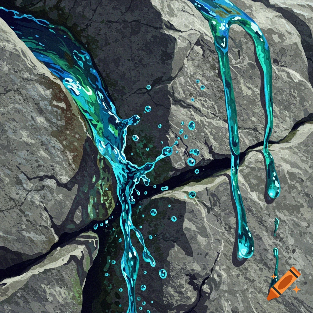 Blue water splashing and dripping down grey rocks.