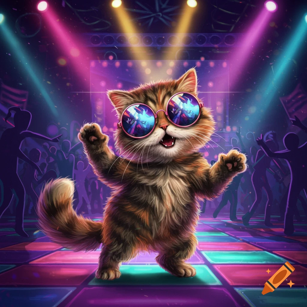 A cute cat wearing sunglasses dancing on a light-up floor at a rave.