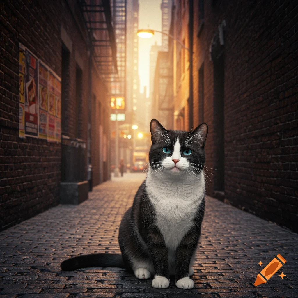 A black and white tuxedo cat sits on cobblestones in an urban alley at dusk.