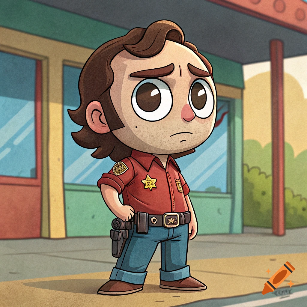 Cartoon character in red shirt, jeans, and badge looking sad.