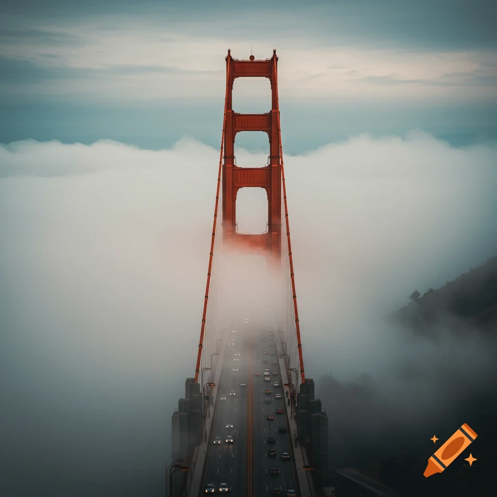 Golden Gate bridge covered in fog with traffic