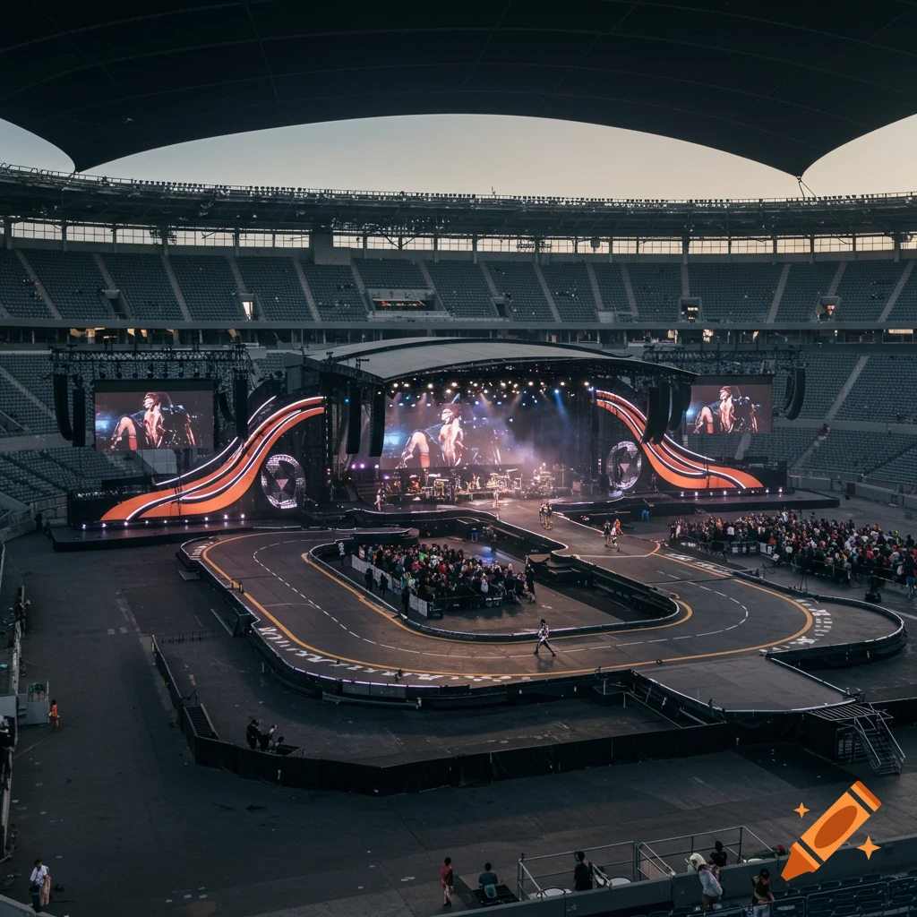 A large concert stage with video screens and a race track setup inside a stadium.