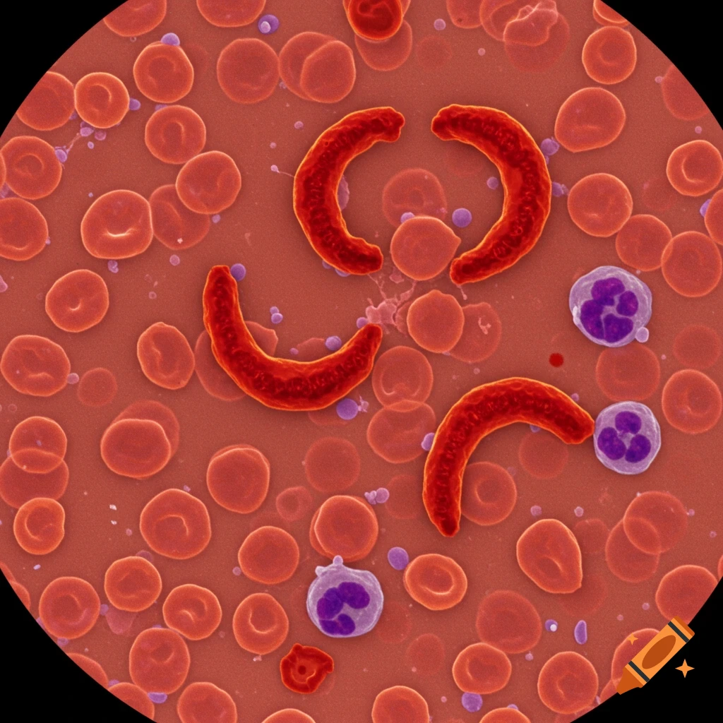 Microscopic view of blood cells, including red blood cells, sickle cells, and white blood cells.