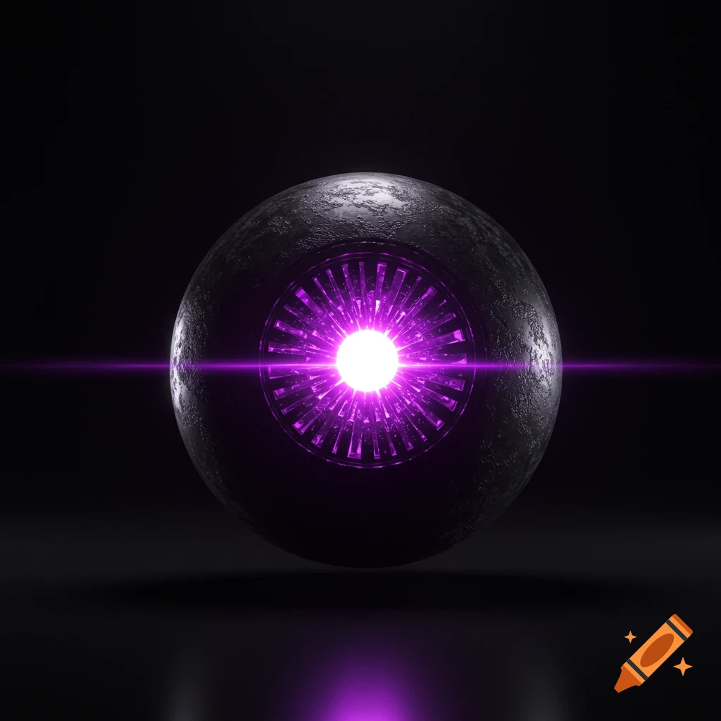 A dark sphere with a glowing purple light in the center.