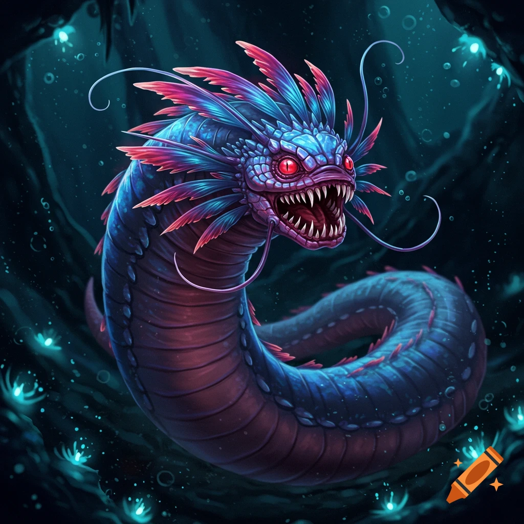 A vibrant fantasy creature resembling a snake or leech with feathered fins and red eyes in a dark, glowing underwater cavern.