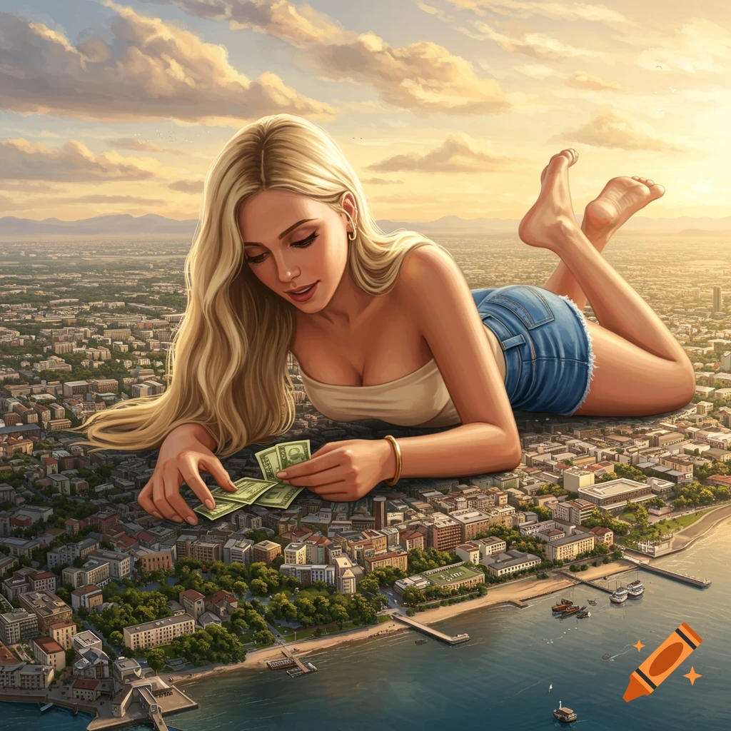 A giant woman in a bandeau top and shorts lies sprawled across a city, counting money in her hand under a sunset sky.