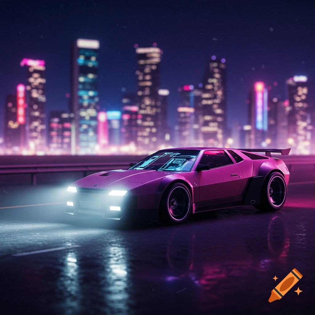A purple futuristic car drives down a road at night with a city skyline in the background.