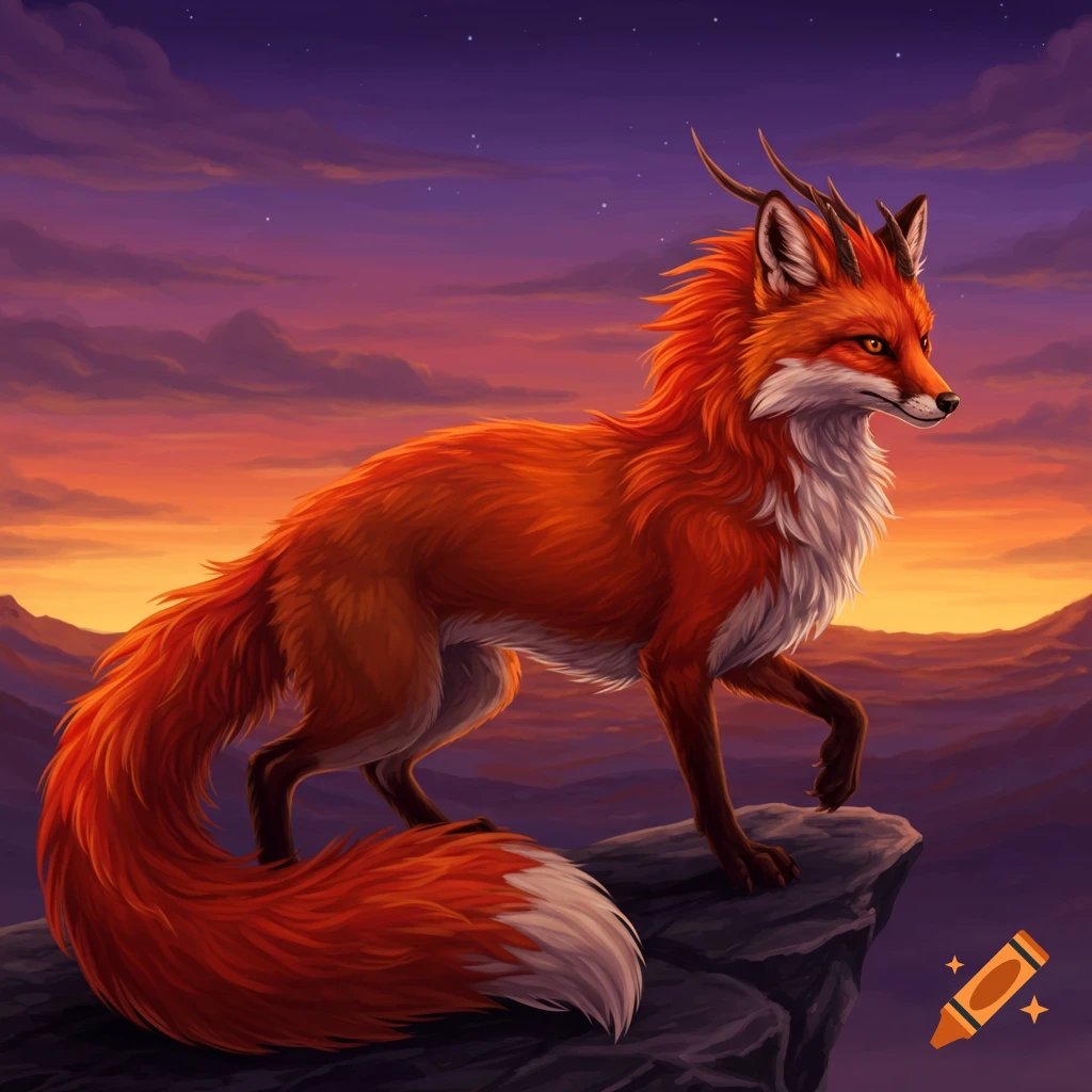 A fox-dragon hybrid standing on a rock at sunset.