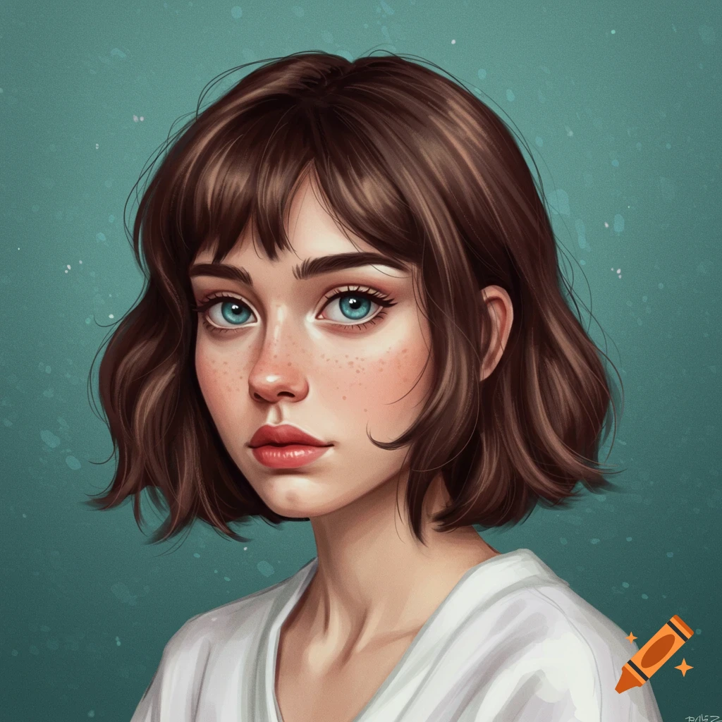 Portrait of a young woman with short brown hair, blue eyes, and freckles.