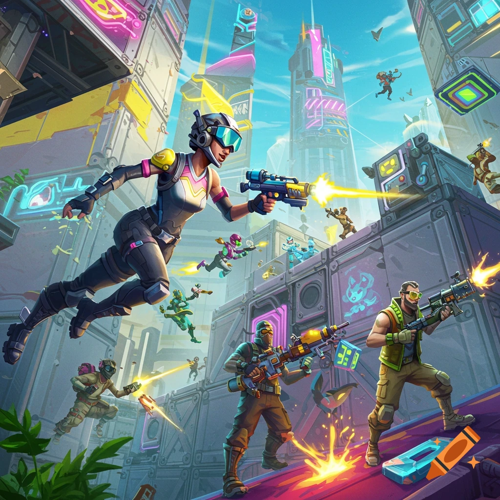 Fortnite-style battle in futuristic city with characters fighting and firing weapons.