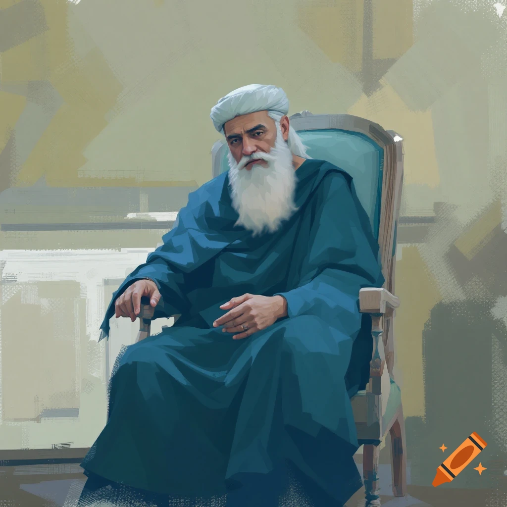 An old man with a white beard and turban wearing a blue robe and sitting in a chair.