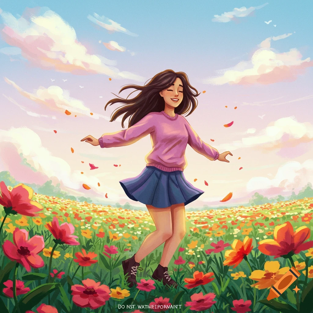 A woman dances joyfully in a colorful flower field with petals falling around her under a cloudy sky.