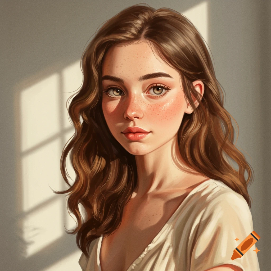 A portrait of a young woman with brown hair and freckles, lit by sunlight.