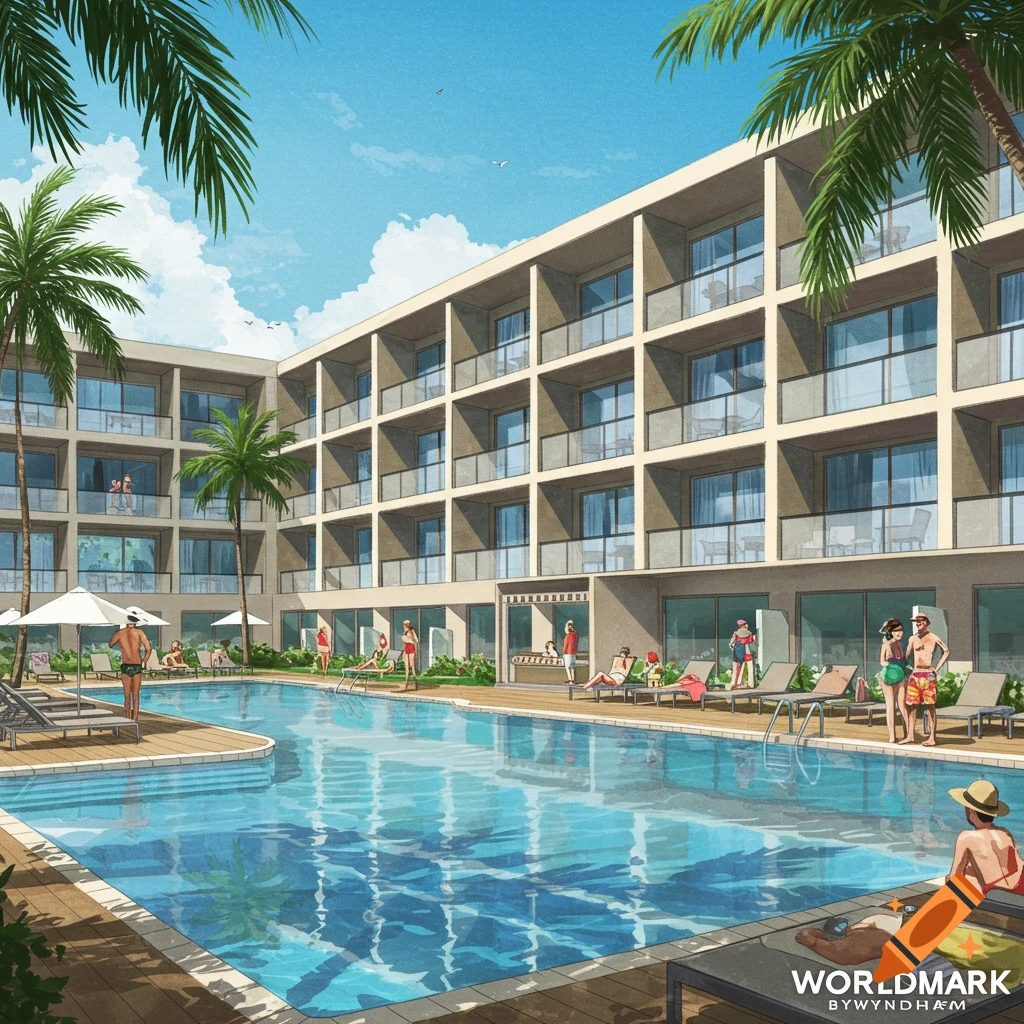 View of a resort courtyard with a swimming pool, hotel, people, and palm trees.