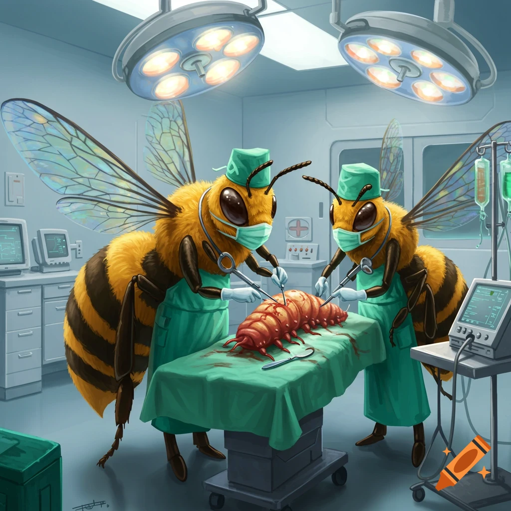 Two anthropomorphic bees in surgical masks and scrubs perform surgery on a large caterpillar on an operating table in a hospital room.