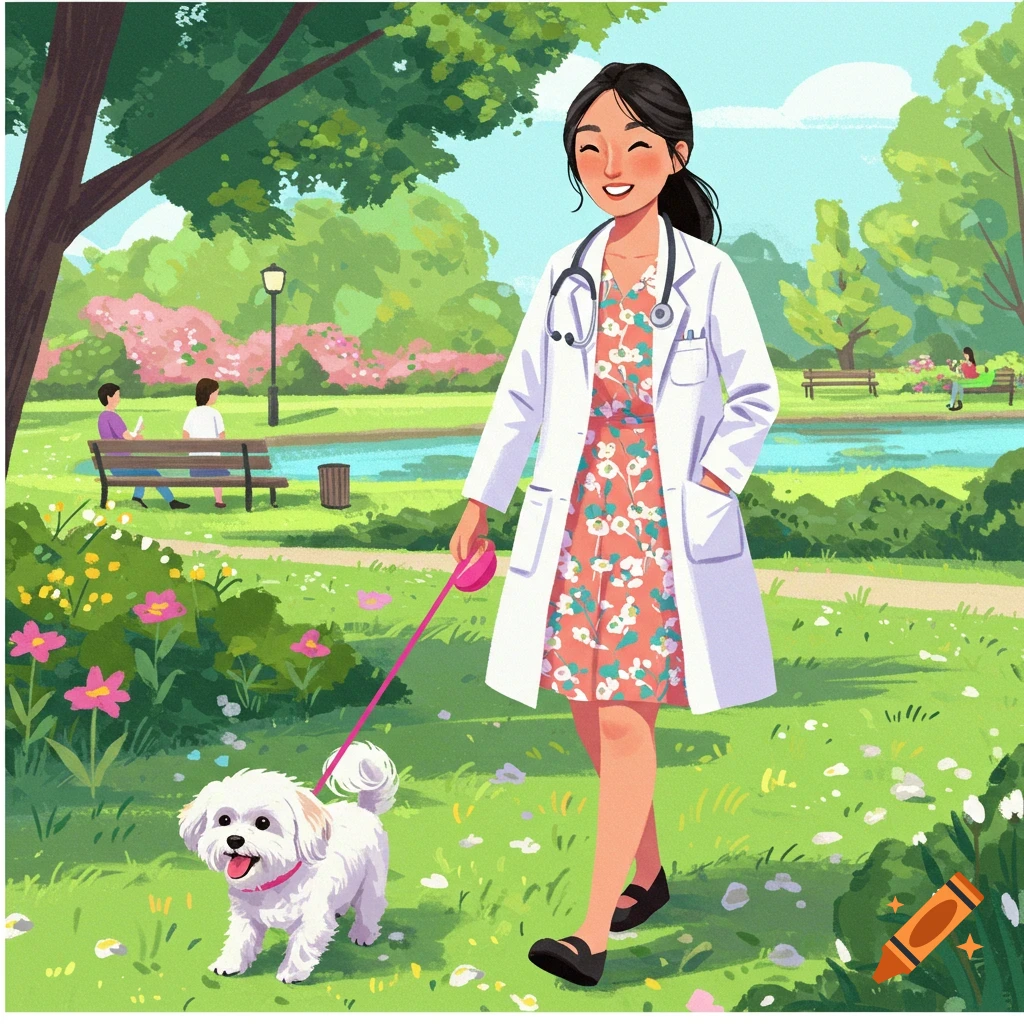 Asian female doctor walking a small furry dog in a park.