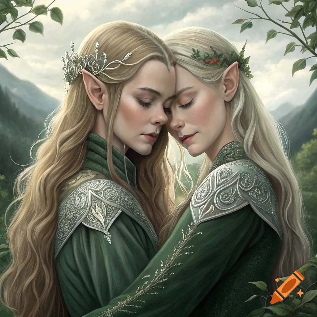 Two blonde elf women in green fantasy clothes embracing in a forest.