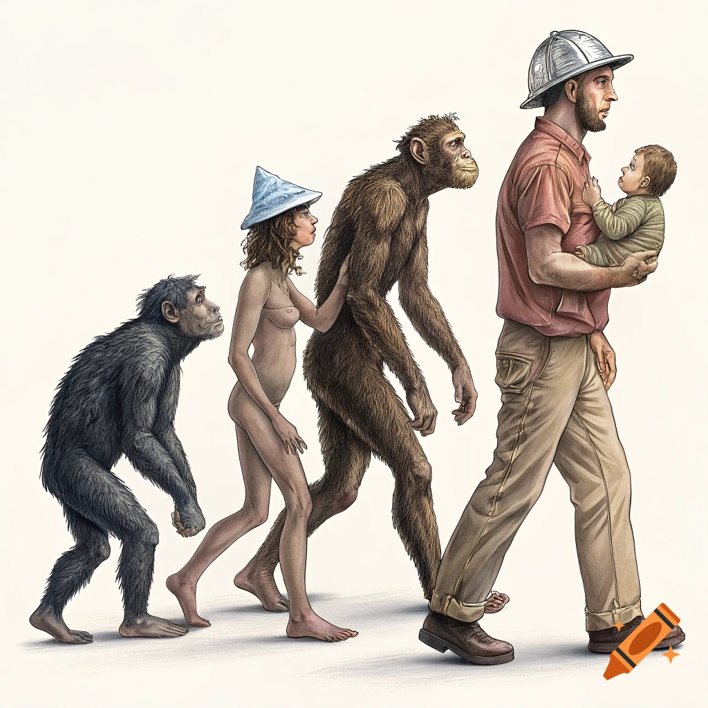 Illustration showing evolution lineup from ape to human, with the last human wearing a tinfoil hat and holding a sick child.