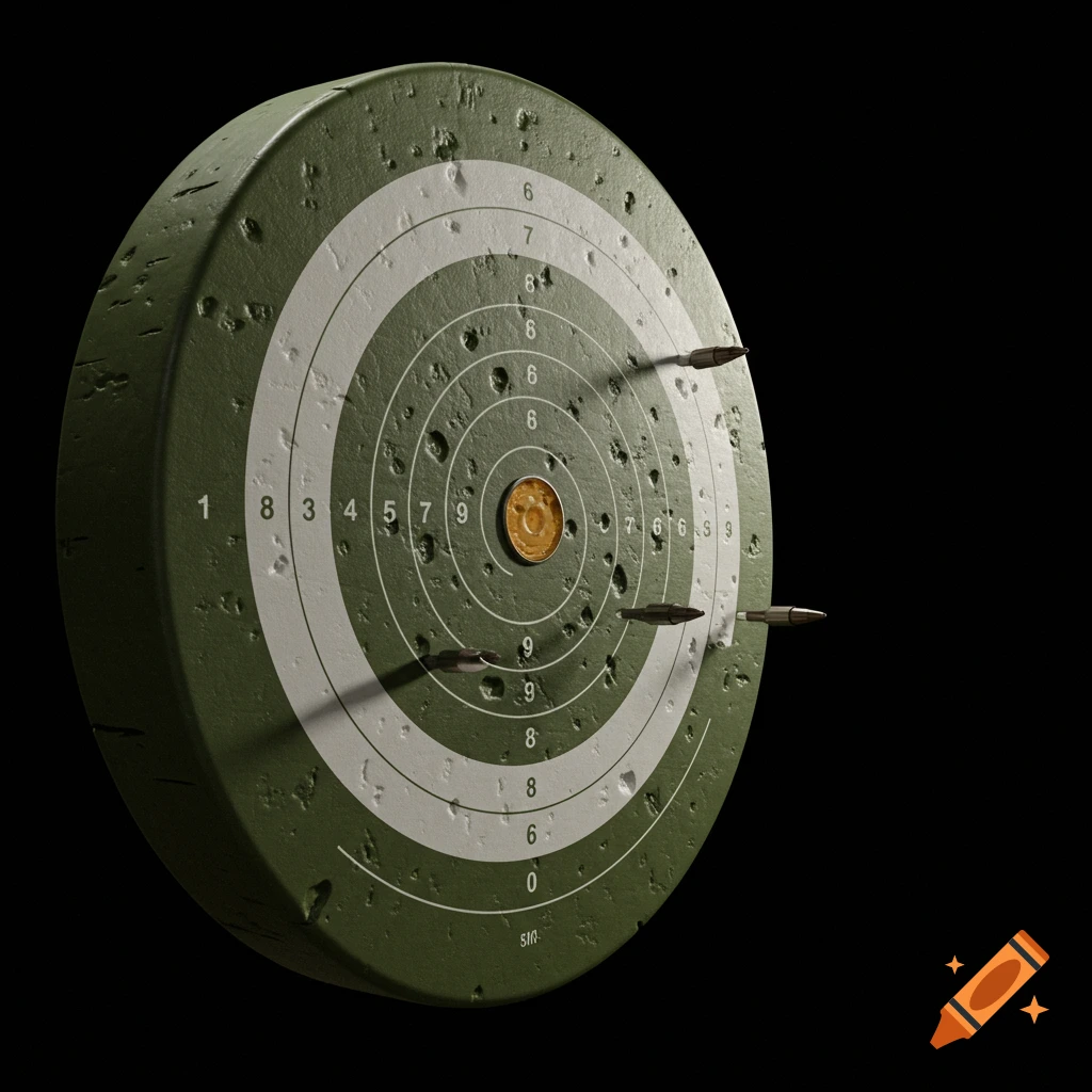 A green military target with bullets hitting it and a coin in the center.