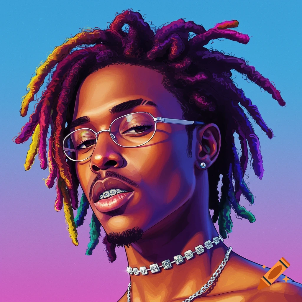 Portrait of a person with dreadlocks, glasses, and braces.