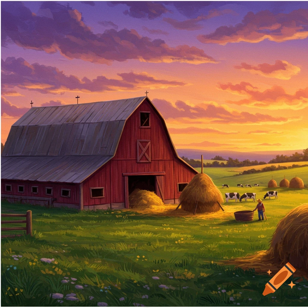 A farm scene at sunset with a red barn, hay bales, cows, and a person in a field.