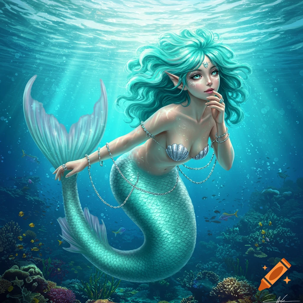 A mermaid with teal hair and tail underwater, wearing jewelry.