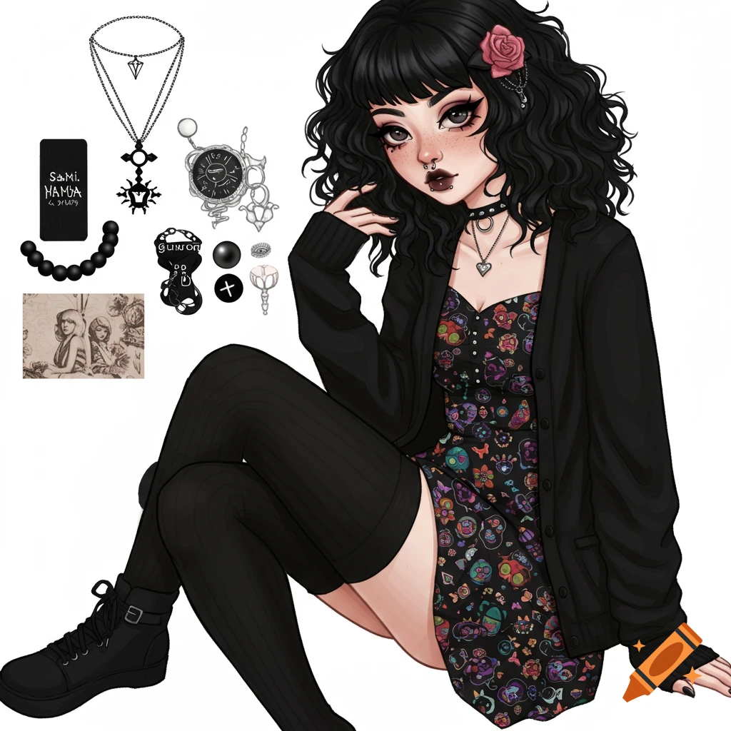 Digital illustration of a person sitting, wearing gothic fashion: patterned dress, black cardigan, thigh-high socks, boots, and accessories.