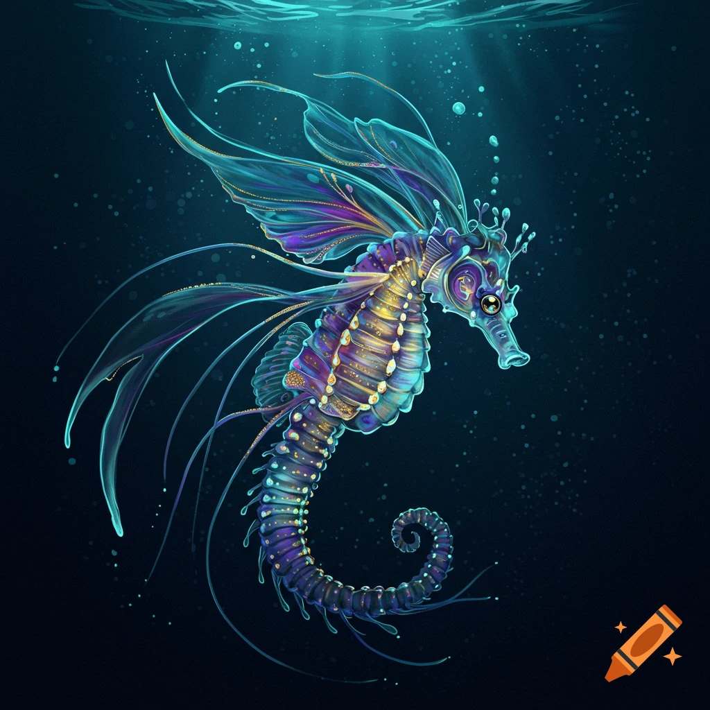 A glowing fantasy seahorse with elaborate fins underwater