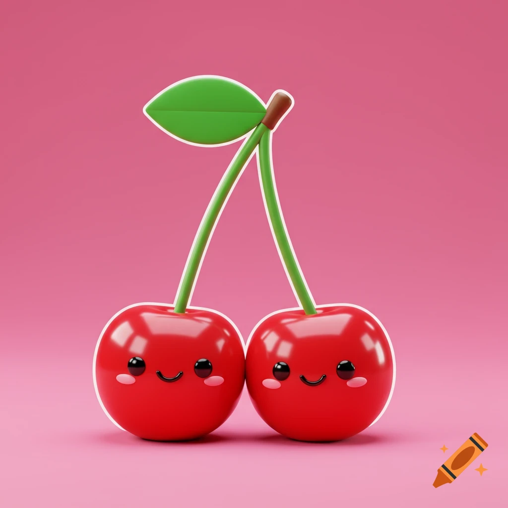 Cute 3D render of two cherries with faces in a sticker art style on a pink background.