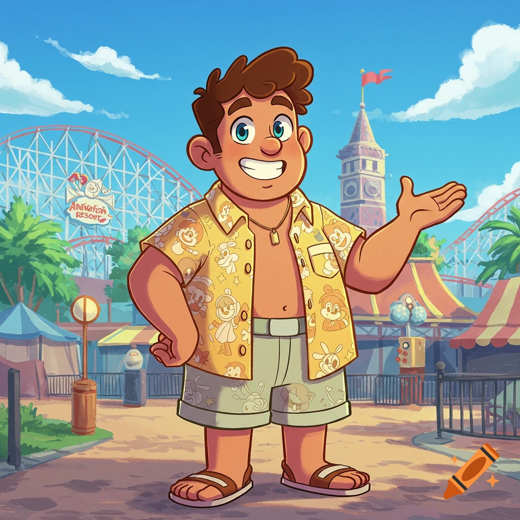 A cartoon man in a patterned shirt stands in an amusement park.