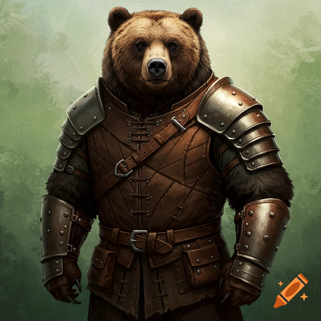 A bear wearing leather armor.