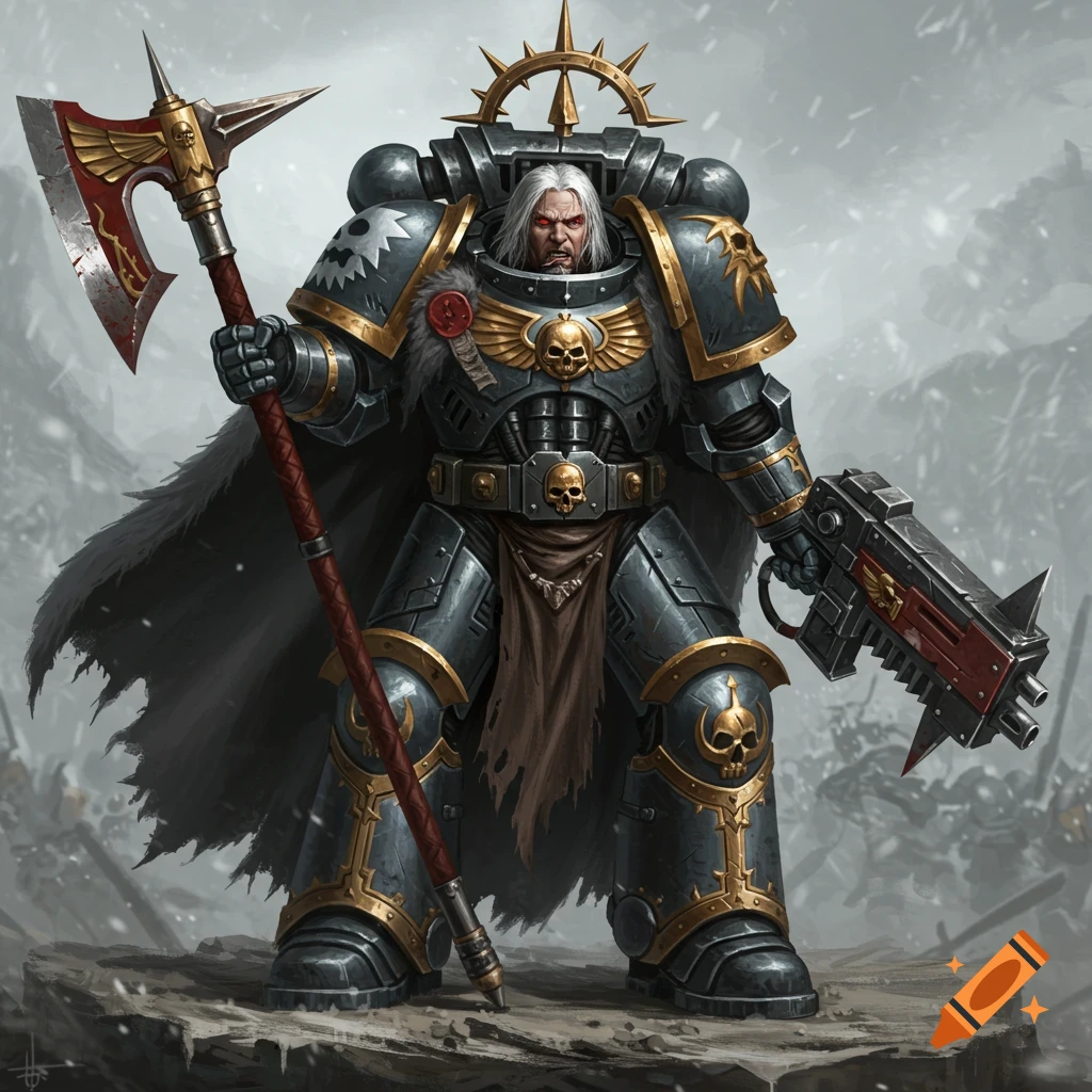 A warrior in detailed sci-fi power armor holding an axe and gun in a snowy landscape
