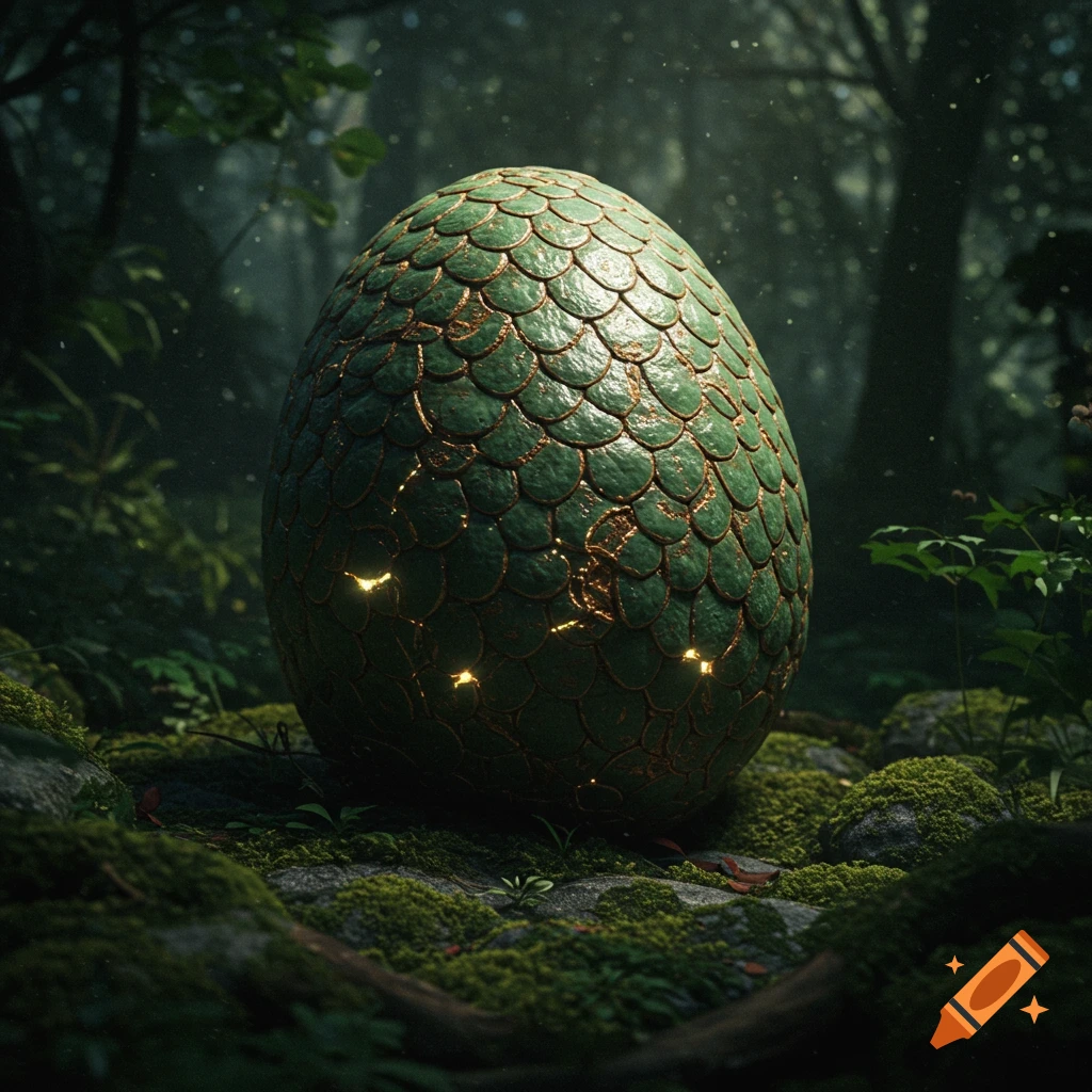 Green dragon egg glowing on mossy ground in a forest.
