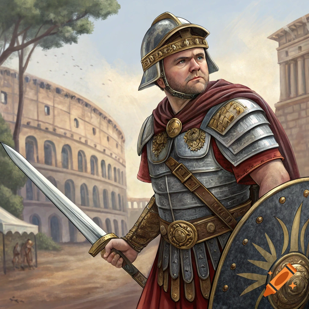 A man dressed as a Roman soldier stands in front of the Colosseum, holding a sword and shield.