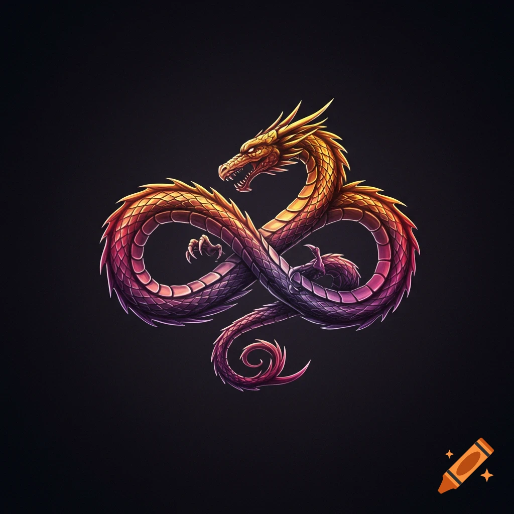 A stylized golden and purple dragon forming an infinity symbol on a dark background.