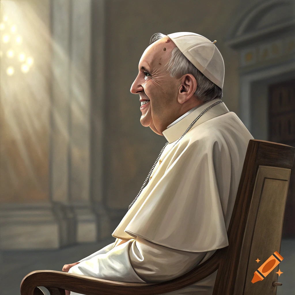 Pope Francis smiling while sitting in a chair with sunlight rays