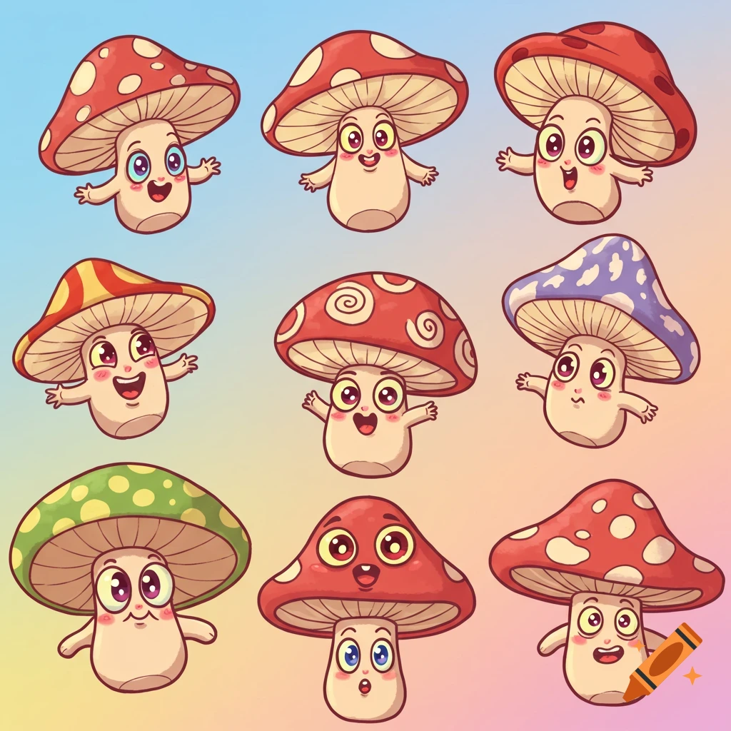 Nine cute cartoon mushrooms with big eyes and smiles.