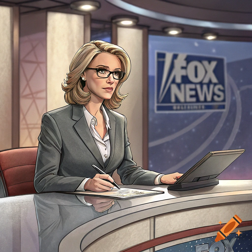 Illustration of a woman wearing glasses and a suit, writing at a news desk with a Fox News logo in the background.