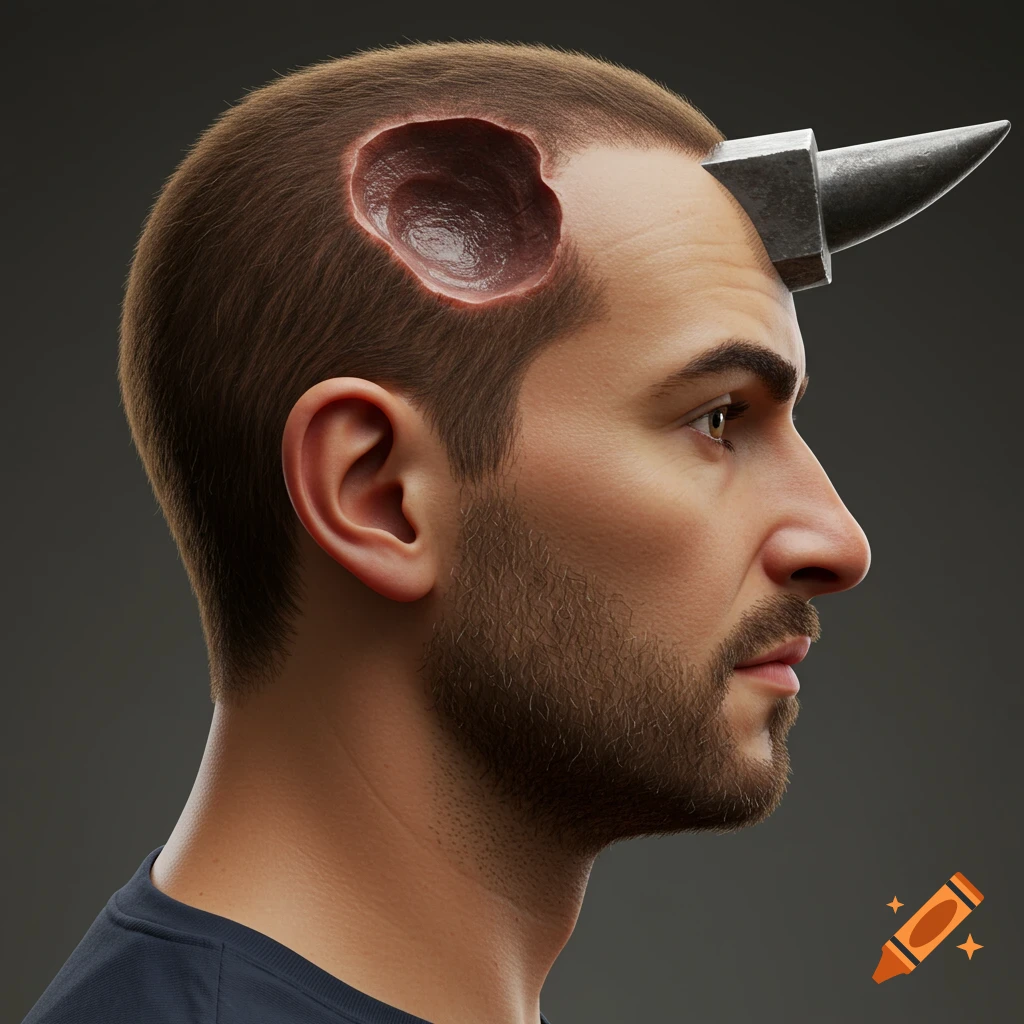 Side profile of a man with a dent in his head and an anvil attached