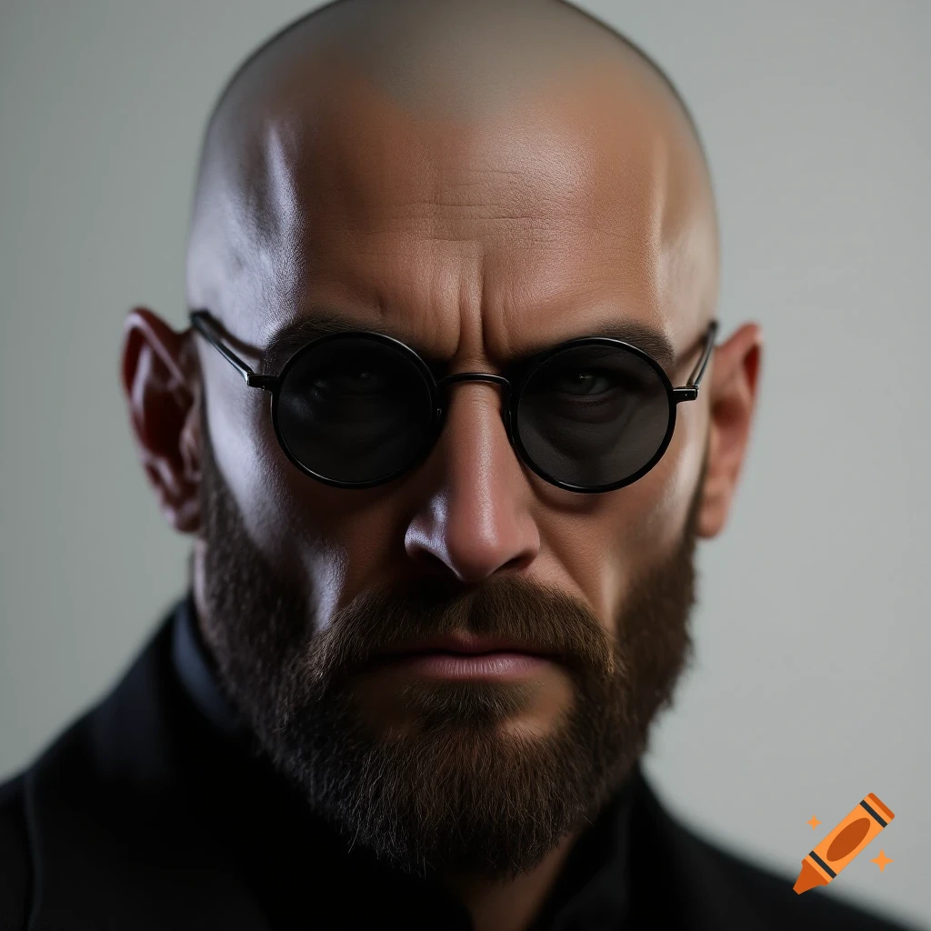 Photorealistic close-up portrait of a bald man with a beard and round glasses.
