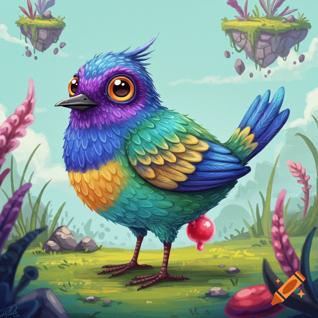 A colorful cartoon bird stands in a fantasy landscape with floating islands.
